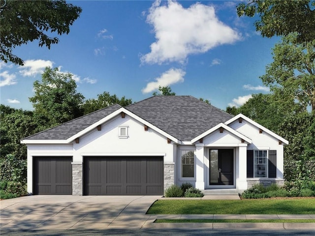 10026 Aurora St, Lenexa, KS 66220 - view of front of home with stone siding, a garage, concrete driveway, a shingled roof, and stucco siding