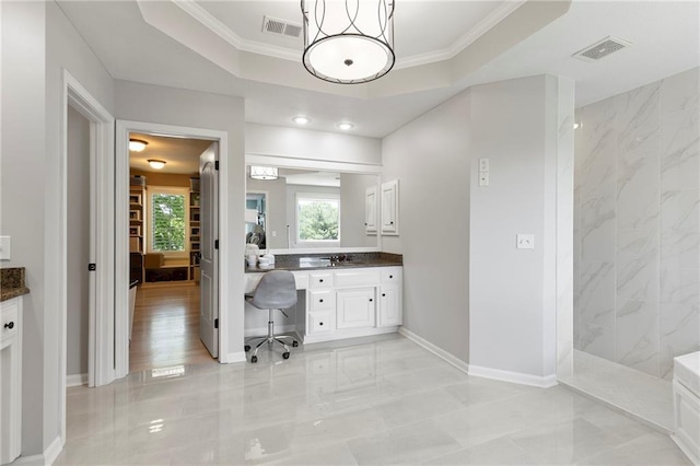 8701 W 157th St, Overland Park, KS 66221 - full bath featuring vanity, marble finish flooring, baseboards, a walk in shower, and ornamental molding