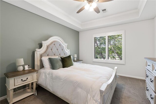 8701 W 157th St, Overland Park, KS 66221 - bedroom featuring a raised ceiling, dark carpet, baseboards, crown molding, and ceiling fan