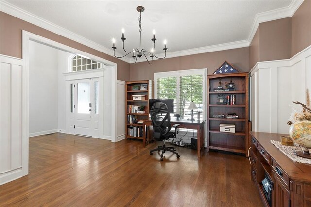 8701 W 157th St, Overland Park, KS 66221 - office space featuring a chandelier, dark wood-type flooring, and ornamental molding