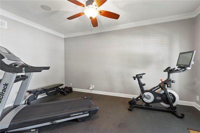 8701 W 157th St, Overland Park, KS 66221 - workout area featuring crown molding, baseboards, and ceiling fan