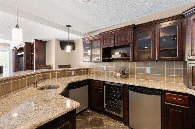 8701 W 157th St, Overland Park, KS 66221 - kitchen featuring stainless steel dishwasher, beverage cooler, refrigerator, a sink, and dark brown cabinetry