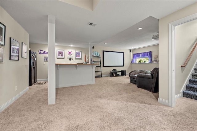14692 S Garnett St, Olathe, KS 66062 - home theater room featuring carpet flooring, recessed lighting, and bar