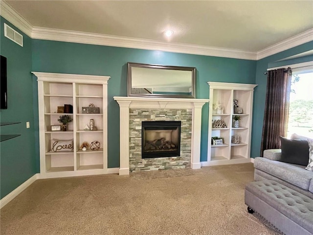 14692 S Garnett St, Olathe, KS 66062 - living room featuring carpet flooring, ornamental molding, and a fireplace