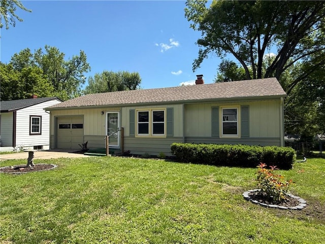ranch-style home featuring an attached garage, a chimney, a front yard, board and batten siding, and driveway
