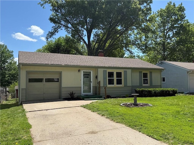 single story home with a garage, concrete driveway, and a chimney