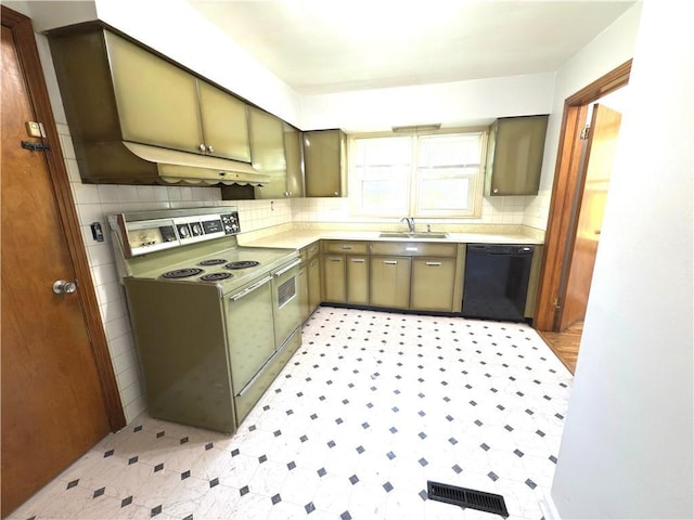kitchen with dishwasher, white range with electric cooktop, a sink, and light countertops