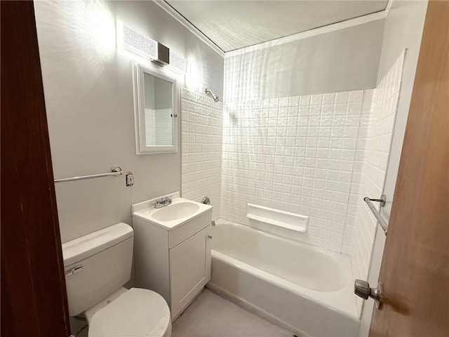 full bath featuring toilet, bathtub / shower combination, vanity, and ornamental molding
