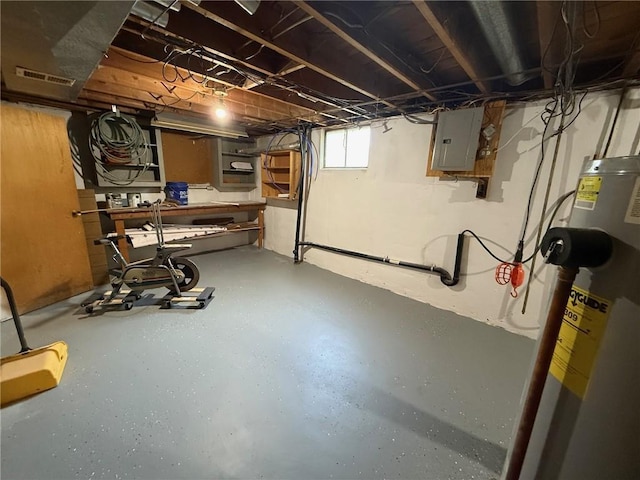below grade area with electric panel and water heater
