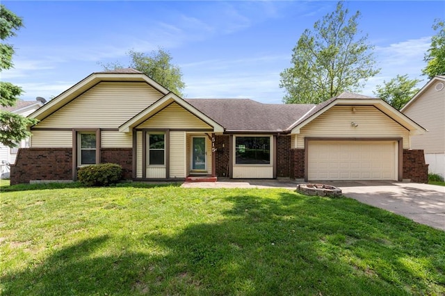 515 London Way, Belton, MO 64012 - single story home featuring brick siding, a garage, concrete driveway, and a front lawn