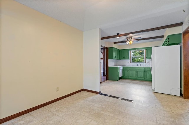 515 London Way, Belton, MO 64012 - kitchen with green cabinets, freestanding refrigerator, light countertops, a ceiling fan, and beamed ceiling
