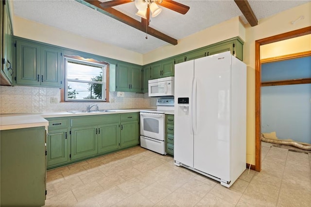 515 London Way, Belton, MO 64012 - kitchen with white appliances, beamed ceiling, green cabinetry, a sink, and tasteful backsplash
