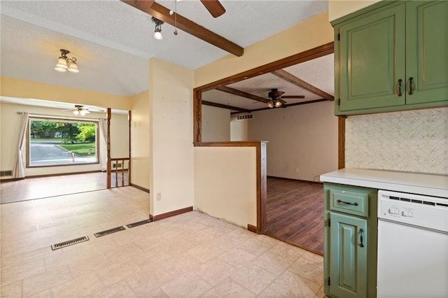 515 London Way, Belton, MO 64012 - kitchen featuring ceiling fan, green cabinets, dishwasher, and a textured ceiling