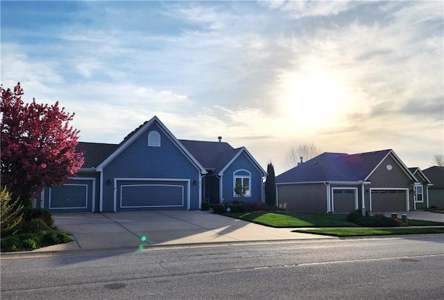 single story home with concrete driveway and an attached garage