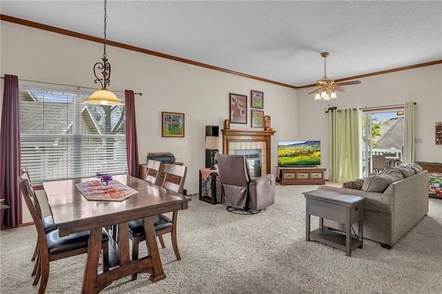 16611 E 53rd St, Independence, MO 64055 - dining area featuring carpet, a tiled fireplace, crown molding, a ceiling fan, and a textured ceiling