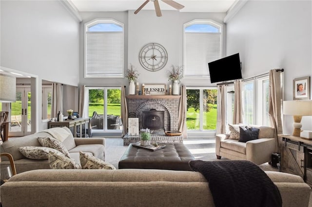 17201 NE 136th St, Kearney, MO 64060 - living room featuring a high ceiling, ceiling fan, and healthy amount of natural light