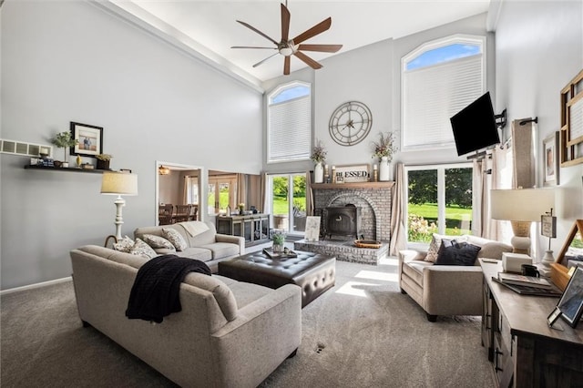 17201 NE 136th St, Kearney, MO 64060 - carpeted living room with a high ceiling, ceiling fan, and plenty of natural light