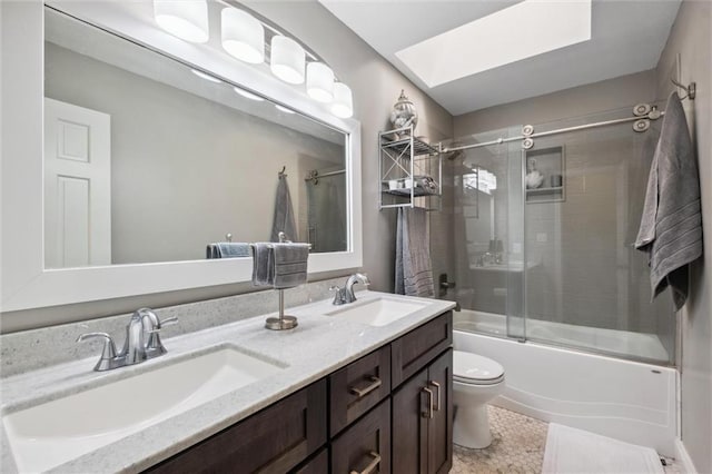 17201 NE 136th St, Kearney, MO 64060 - bathroom with shower / bath combination with glass door, a skylight, double vanity, and tile patterned floors
