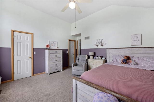 11004 N Kentucky Pl, Kansas City, MO 64157 - carpeted bedroom featuring high vaulted ceiling, ceiling fan, and baseboards