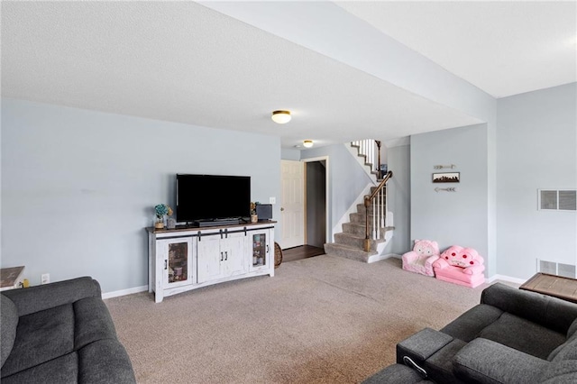 11004 N Kentucky Pl, Kansas City, MO 64157 - carpeted living room featuring stairway and baseboards