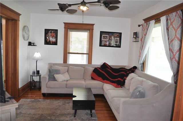 living room featuring a wealth of natural light, wood finished floors, baseboards, and ceiling fan
