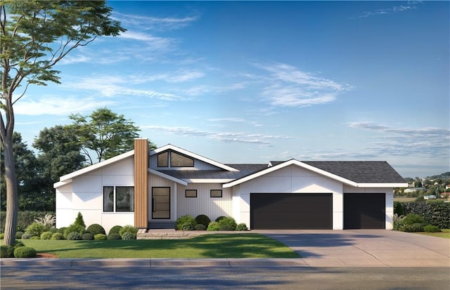 view of front of home featuring an attached garage, driveway, and a front lawn