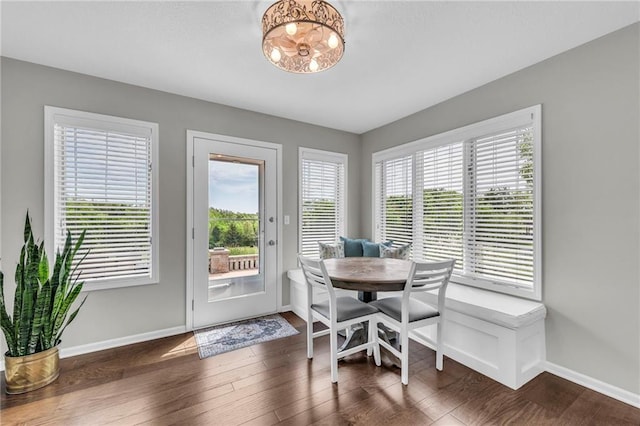 dining space featuring plenty of natural light, dark wood-style flooring, and baseboards