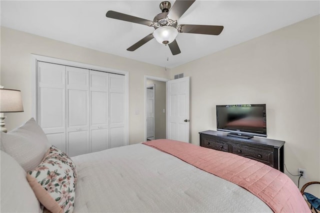 bedroom featuring a closet and ceiling fan