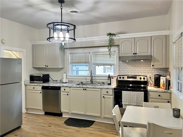 kitchen with a sink, light wood-type flooring, under cabinet range hood, a notable chandelier, and appliances with stainless steel finishes
