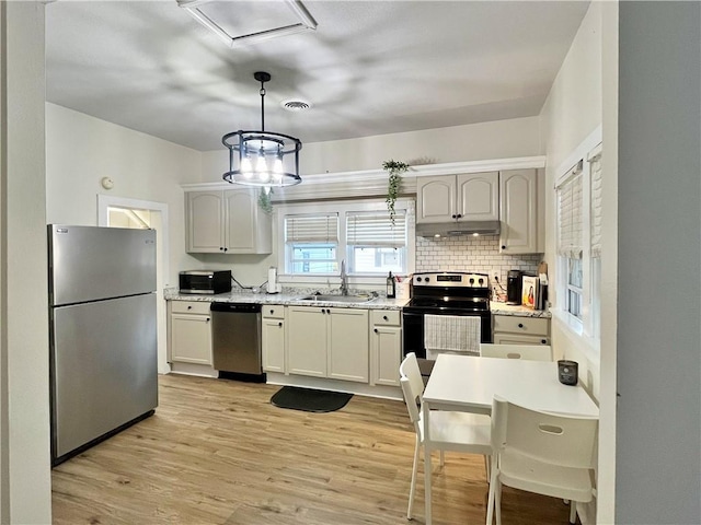 kitchen featuring a sink, light wood-type flooring, under cabinet range hood, appliances with stainless steel finishes, and decorative backsplash