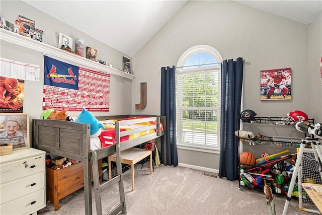 carpeted bedroom featuring baseboards, multiple windows, visible vents, and vaulted ceiling