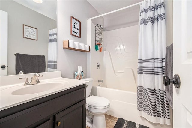 full bathroom with vanity, toilet, and shower / bathtub combination with curtain