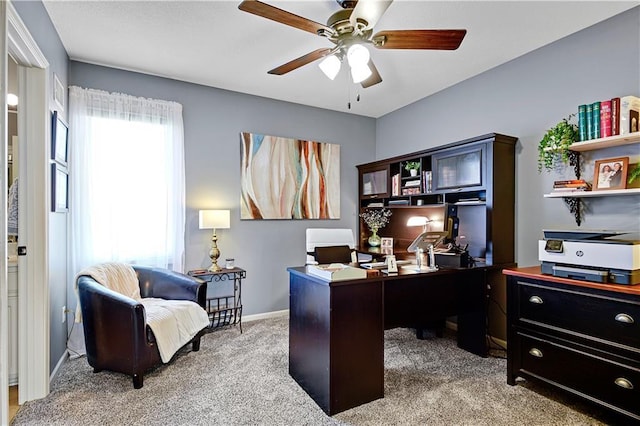 8904 NE 94th Pl, Kansas City, MO 64157 - home office with light colored carpet, a ceiling fan, and baseboards