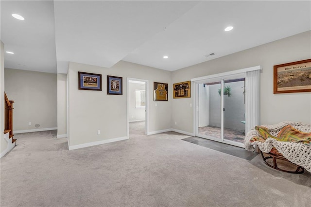 living room featuring carpet floors, baseboards, recessed lighting, and stairs