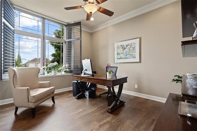 17005 Bradshaw St, Overland Park, KS 66221 - office space with a ceiling fan, ornamental molding, baseboards, and wood finished floors