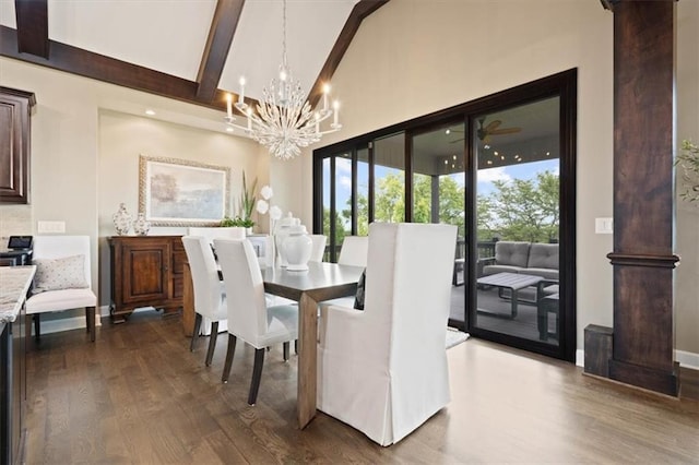 17005 Bradshaw St, Overland Park, KS 66221 - dining area with dark wood-style floors, a chandelier, beam ceiling, high vaulted ceiling, and healthy amount of natural light
