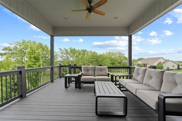 17005 Bradshaw St, Overland Park, KS 66221 - wooden deck with an outdoor living space and a ceiling fan