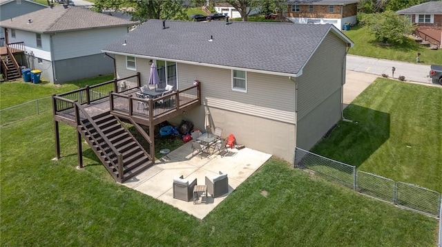 211 Carla St, Excelsior Springs, MO 64024 - rear view of house featuring stairs, a wooden deck, roof with shingles, and a patio