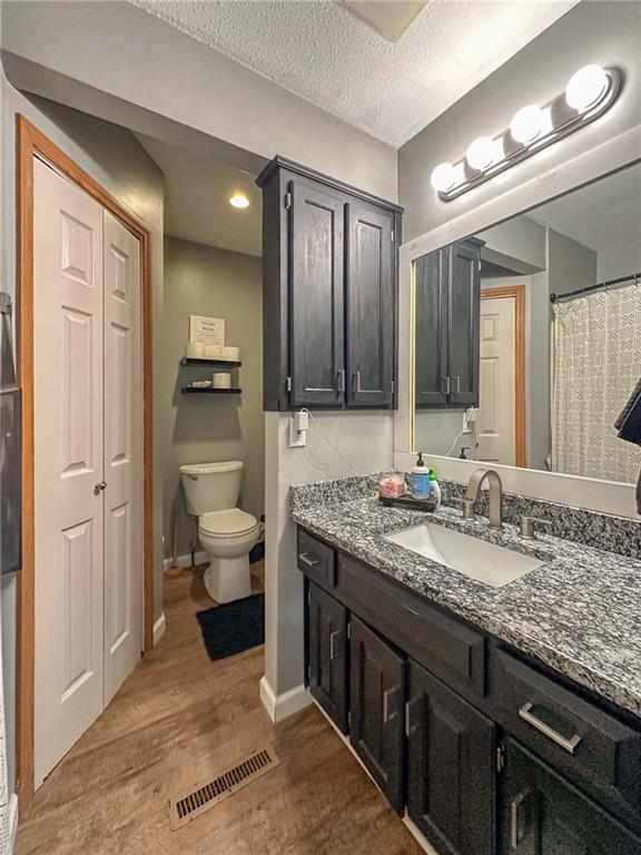 211 Carla St, Excelsior Springs, MO 64024 - full bathroom featuring vanity, toilet, wood finished floors, a textured ceiling, and baseboards