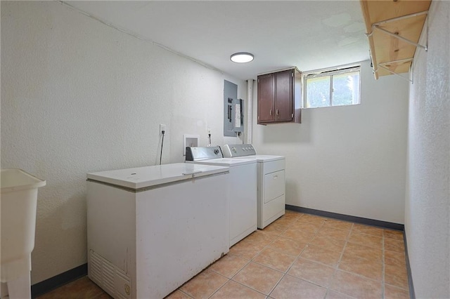 211 Carla St, Excelsior Springs, MO 64024 - laundry area featuring separate washer and dryer, electric panel, cabinet space, light tile patterned floors, and baseboards
