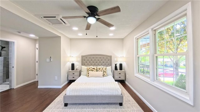 bedroom with dark wood finished floors, baseboards, recessed lighting, and a ceiling fan