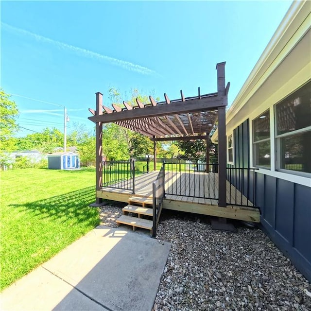 wooden deck featuring a pergola, a yard, an outdoor structure, a patio, and a storage shed