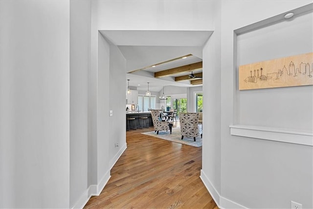 22622 W 87th Ter, Lenexa, KS 66227 - hall with baseboards, wood finished floors, and beam ceiling