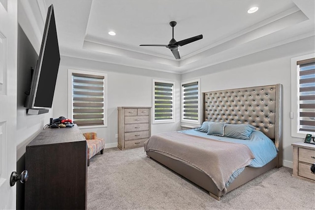 22622 W 87th Ter, Lenexa, KS 66227 - carpeted bedroom with a raised ceiling, ornamental molding, recessed lighting, a ceiling fan, and baseboards