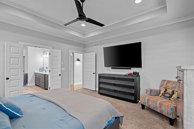 22622 W 87th Ter, Lenexa, KS 66227 - bedroom featuring light carpet, recessed lighting, ornamental molding, a tray ceiling, and a ceiling fan