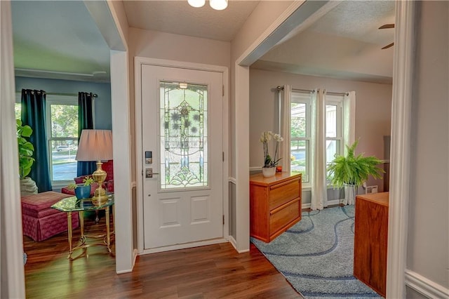 doorway featuring a textured ceiling, baseboards, and dark wood-type flooring