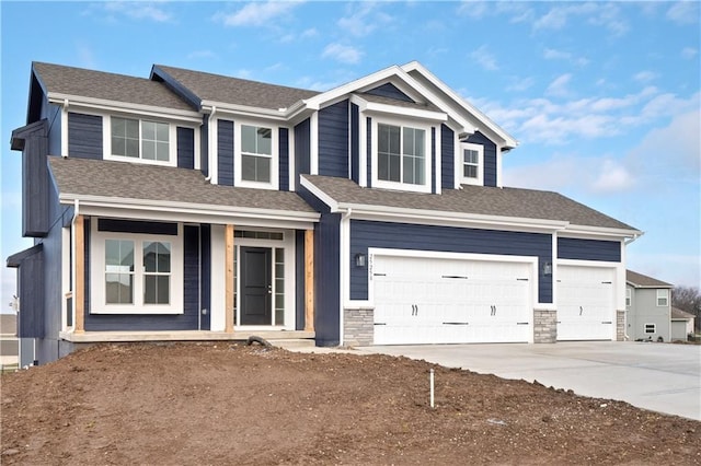 25256 W 149th Ter, Olathe, KS 66061 - craftsman house featuring covered porch, roof with shingles, a garage, and driveway