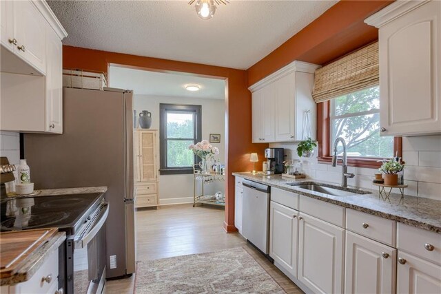 kitchen with appliances with stainless steel finishes, a sink, light wood-style floors, backsplash, and plenty of natural light