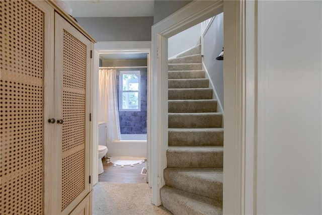 stairs with wood finished floors