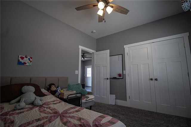 carpeted bedroom with a closet and ceiling fan